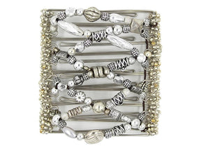 African Butterfly Wire Hair Clip - 9 Tong 962 - decorative silver mixed beads with charm hooks and clear seed bead edges, white background
