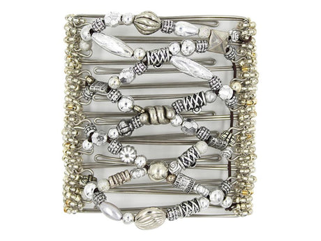 African Butterfly Wire Hair Clip - 9 Tong 962 - decorative silver mixed beads with charm hooks and clear seed bead edges, white background