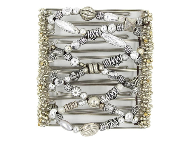 African Butterfly Wire Hair Clip - 9 Tong 962 - decorative silver mixed beads with charm hooks and clear seed bead edges, white background