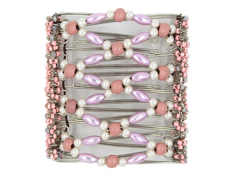 African Butterfly Wire Hair Clip - 9 Tong 963 - blush pink oval pearl, white round pearl and dusty rose wood beads, white background