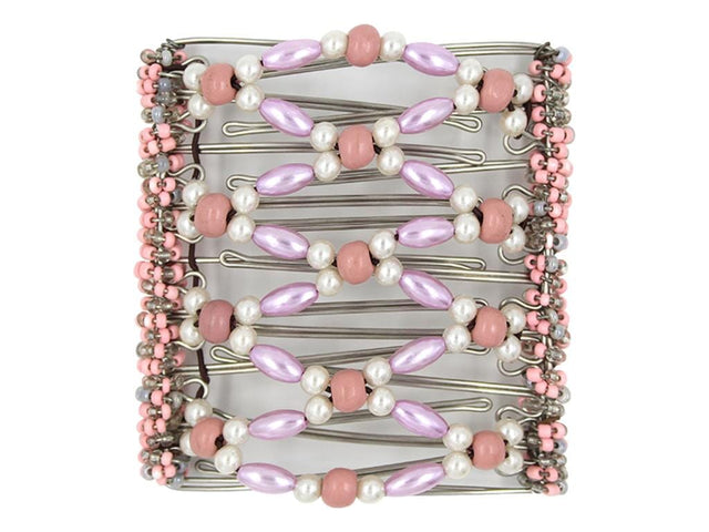 African Butterfly Wire Hair Clip - 9 Tong 963 - blush pink oval pearl, white round pearl and dusty rose wood beads, white background