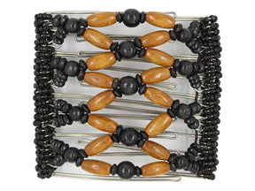 African Butterfly Wire Hair Clip - 9 Tong 964 - honey brown and black wood beads with black seed bead edges, white background