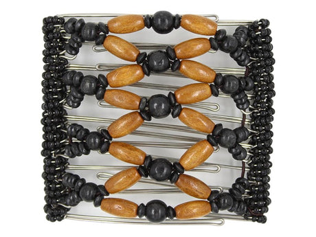 African Butterfly Wire Hair Clip - 9 Tong 964 - honey brown and black wood beads with black seed bead edges, white background