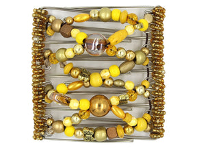 African Butterfly Wire Hair Clip - 9 Tong 965 - bright yellow wood and antique gold beads with butterfly charm, white background