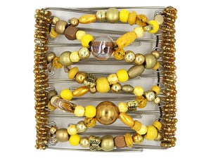 African Butterfly Wire Hair Clip - 9 Tong 965 - bright yellow wood and antique gold beads with butterfly charm, white background