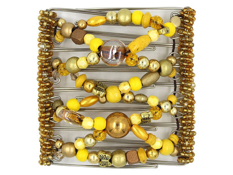 African Butterfly Wire Hair Clip - 9 Tong 965 - bright yellow wood and antique gold beads with butterfly charm, white background
