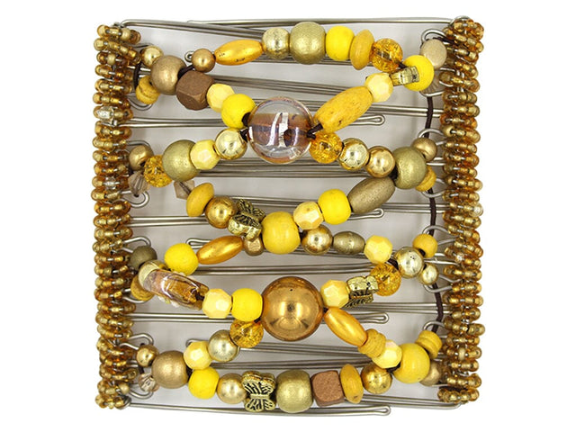 African Butterfly Wire Hair Clip - 9 Tong 965 - bright yellow wood and antique gold beads with butterfly charm, white background