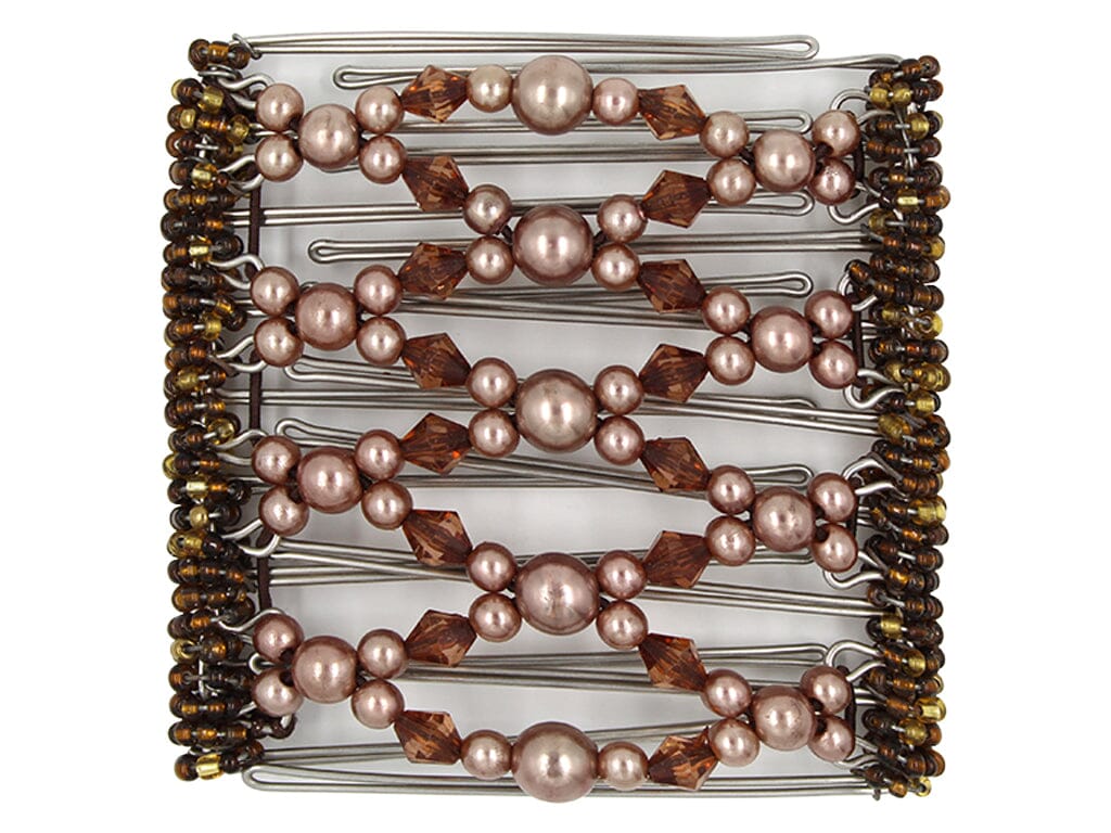 African Butterfly Wire Hair Clip - 9 Tong 966 - rosy brown pearl and milk chocolate acrylic beads, white background