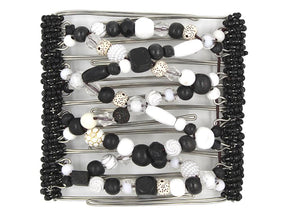 African Butterfly Wire Hair Clip - 9 Tong 967 - black and white acrylic and wood beads, white background