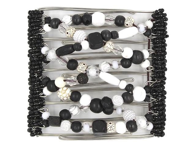 African Butterfly Wire Hair Clip - 9 Tong 967 - black and white acrylic and wood beads, white background