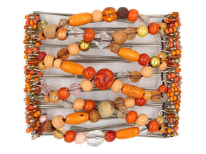 African Butterfly Wire Hair Clip - 9 Tong 968 - mixed shades of orange wood and acrylic beads with clear and orange seed bead edges, white background