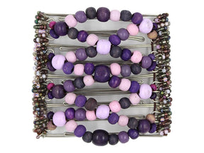 African Butterfly Wire Hair Clip - 9 Tong 969 - lavender, soft pink, violet and deep purple wood beads, white background