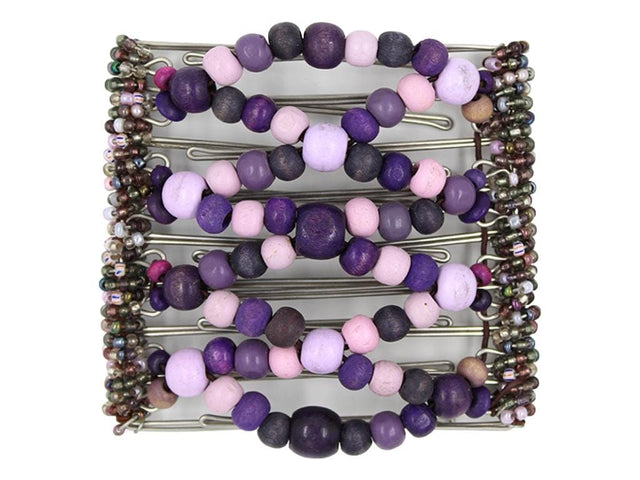 African Butterfly Wire Hair Clip - 9 Tong 969 - lavender, soft pink, violet and deep purple wood beads, white background
