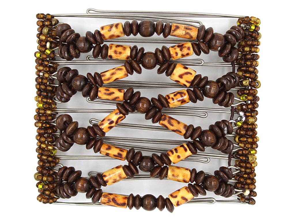 African Butterfly Wire Hair Clip - 9 Tong 970 - dark chocolate brown wood, animal print, and brown Czech seed beads, white background