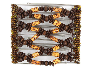 African Butterfly Wire Hair Clip - 9 Tong 970 - dark chocolate brown wood, animal print, and brown Czech seed beads, white background