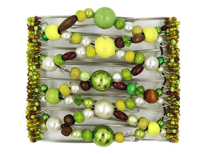 African Butterfly Wire Hair Clip - 9 Tong 971 - green apple, lime, white pearl, dark brown wood beads, white background