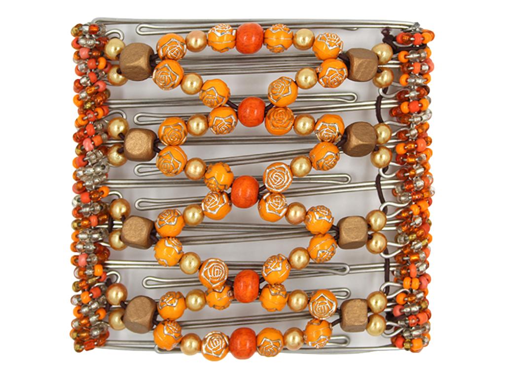 African Butterfly Wire Hair Clip - 9 Tong 974 - pumpkin orange, copper wood and peach pearl beads, white background
