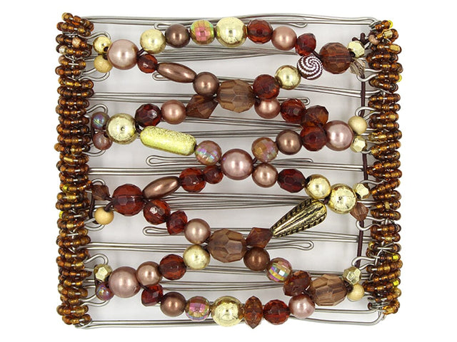 African Butterfly Wire Hair Clip - 9 Tong 975 - brown tones and gold eclectic vintage beads, white background