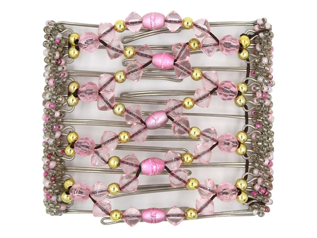 African Butterfly Wire Hair Clip - 9 Tong 976 - baby pink and gold beads, white background