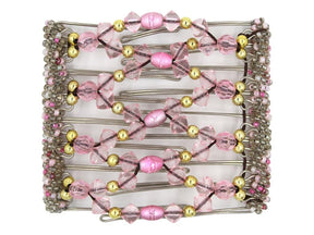 African Butterfly Wire Hair Clip - 9 Tong 976 - baby pink and gold beads, white background