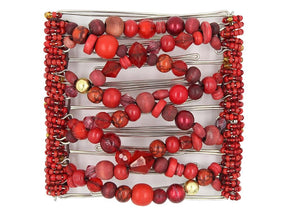 African Butterfly Wire Hair Clip - 9 Tong 977 - red fancy, wood and gold beads, white background