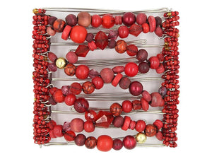 African Butterfly Wire Hair Clip - 9 Tong 977 - red fancy, wood and gold beads, white background