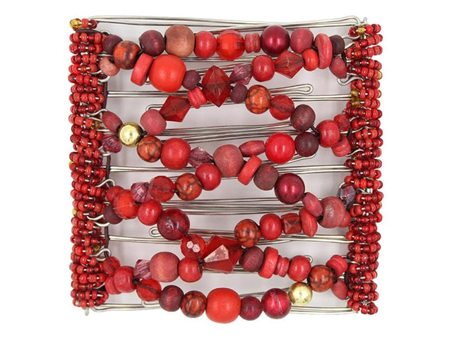 African Butterfly Wire Hair Clip - 9 Tong 977 - red fancy, wood and gold beads, white background