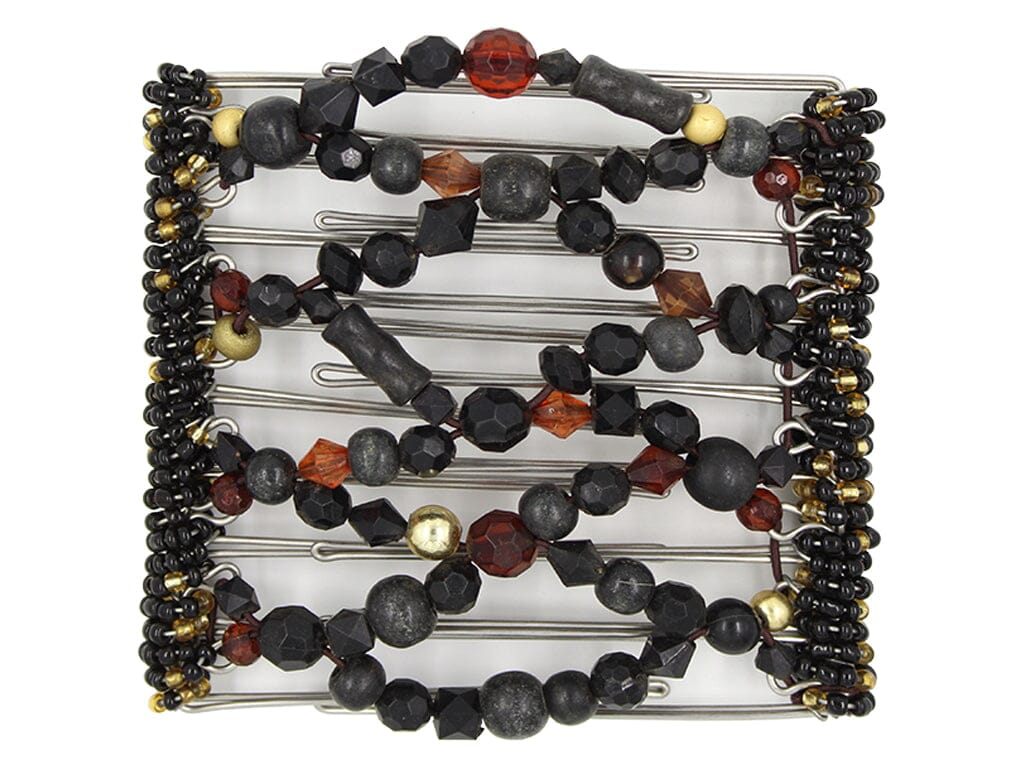 African Butterfly Wire Hair Clip - 9 Tong 978 - black wood, auburn and ruby acrylic beads with gold accents, white background