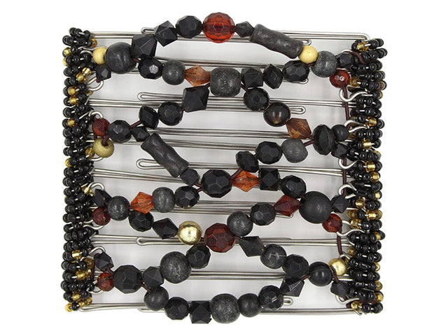 African Butterfly Wire Hair Clip - 9 Tong 978 - black wood, auburn and ruby acrylic beads with gold accents, white background