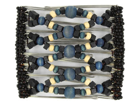 African Butterfly Wire Hair Clip - 9 Tong 979 - hair clip with blue, black, and beige beads on a white background