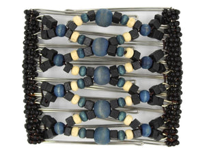 African Butterfly Wire Hair Clip - 9 Tong 979 - hair clip with blue, black, and beige beads on a white background