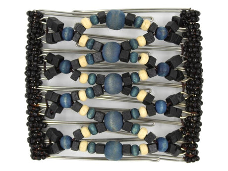 African Butterfly Wire Hair Clip - 9 Tong 979 - hair clip with blue, black, and beige beads on a white background