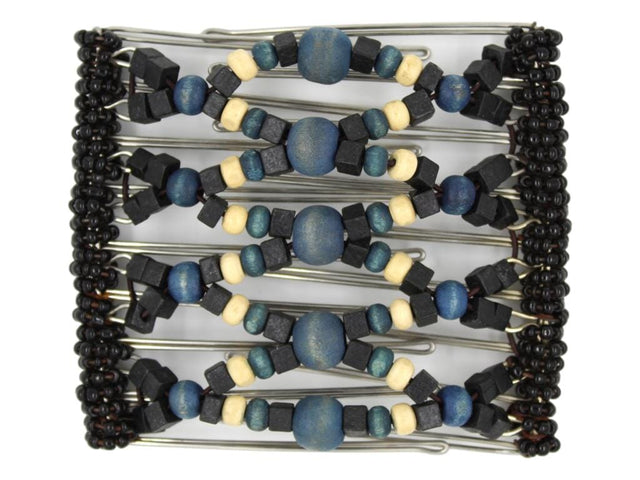 African Butterfly Wire Hair Clip - 9 Tong 979 - hair clip with blue, black, and beige beads on a white background