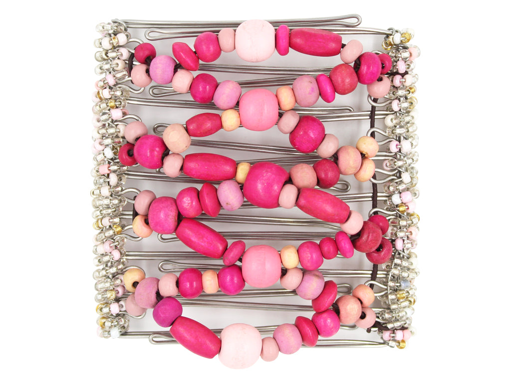 African Butterfly Wire Hair Clip - 9 Tong 980 - mixed dark and light pink wood beads, fuchsia, pale pink, blush and ballet pink, white background