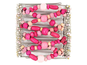 African Butterfly Wire Hair Clip - 9 Tong 980 - mixed dark and light pink wood beads, fuchsia, pale pink, blush and ballet pink, white background