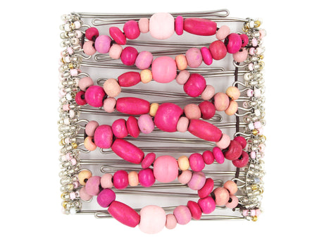 African Butterfly Wire Hair Clip - 9 Tong 980 - mixed dark and light pink wood beads, fuchsia, pale pink, blush and ballet pink, white background