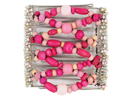 African Butterfly Wire Hair Clip - 9 Tong 980 - mixed dark and light pink wood beads, fuchsia, pale pink, blush and ballet pink, white background