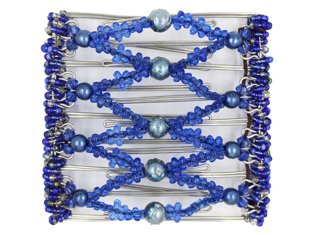 African Butterfly Wire Hair Clip - 9 Tong 981 - cobalt blue water droplet beads, royal blue acrylic flower beads, midnight blue pearl beads, sapphire acrylic beads, dark blue and clear Czech seed beads, white background