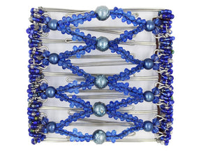 African Butterfly Wire Hair Clip - 9 Tong 981 - cobalt blue water droplet beads, royal blue acrylic flower beads, midnight blue pearl beads, sapphire acrylic beads, dark blue and clear Czech seed beads, white background
