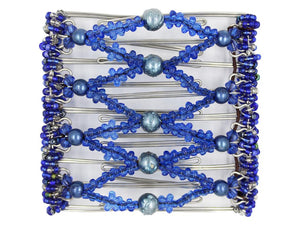 African Butterfly Wire Hair Clip - 9 Tong 981 - cobalt blue water droplet beads, royal blue acrylic flower beads, midnight blue pearl beads, sapphire acrylic beads, dark blue and clear Czech seed beads, white background