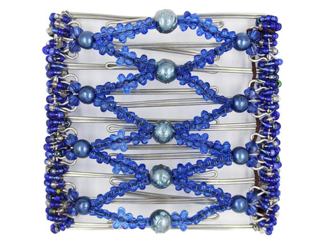 African Butterfly Wire Hair Clip - 9 Tong 981 - cobalt blue water droplet beads, royal blue acrylic flower beads, midnight blue pearl beads, sapphire acrylic beads, dark blue and clear Czech seed beads, white background