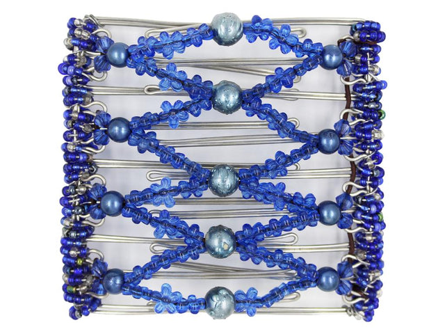 African Butterfly Wire Hair Clip - 9 Tong 981 - cobalt blue water droplet beads, royal blue acrylic flower beads, midnight blue pearl beads, sapphire acrylic beads, dark blue and clear Czech seed beads, white background