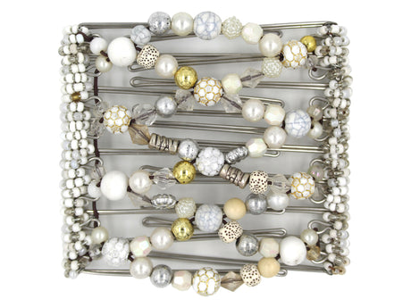 African Butterfly Wire Hair Clip - 9 Tong 982 - clear and white acrylic beads, silver and gold beads, white background