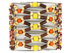 African Butterfly Wire Hair Clip - 9 Tong 983 - yellow wood beads, small blonde wood beads, brown and bright orange wood beads, brown, orange, white and yellow seed bead spines, white background