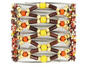 African Butterfly Wire Hair Clip - 9 Tong 983 - yellow wood beads, small blonde wood beads, brown and bright orange wood beads, brown, orange, white and yellow seed bead spines, white background