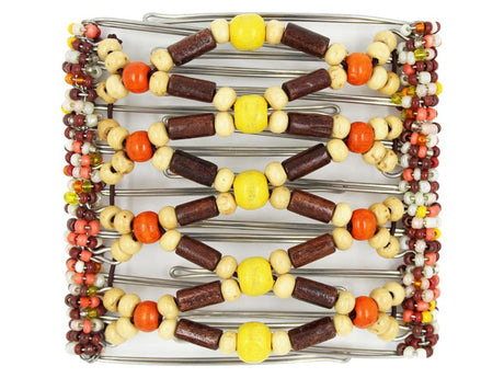 African Butterfly Wire Hair Clip - 9 Tong 983 - yellow wood beads, small blonde wood beads, brown and bright orange wood beads, brown, orange, white and yellow seed bead spines, white background