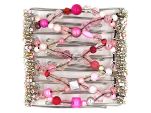 African Butterfly Wire Hair Clip - 9 Tong 984 - mixed pink beads, pastel to magenta, clear beads, white pearl beads and silver beads, white background