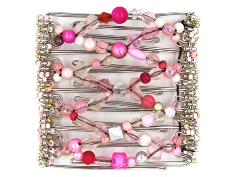 African Butterfly Wire Hair Clip - 9 Tong 984 - mixed pink beads, pastel to magenta, clear beads, white pearl beads and silver beads, white background