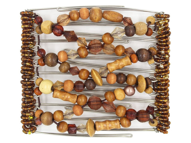 African Butterfly Wire Hair Clip - 9 Tong 985 - mixed natural wood beads in espresso, honey, caramel and cream tones, white background