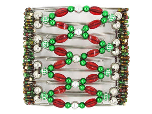 African Butterfly Wire Hair Clip - 9 Tong 986 - shiny silver beads, mirrored emerald green beads, bold red acrylic beads, decorative emerald green beads, white background